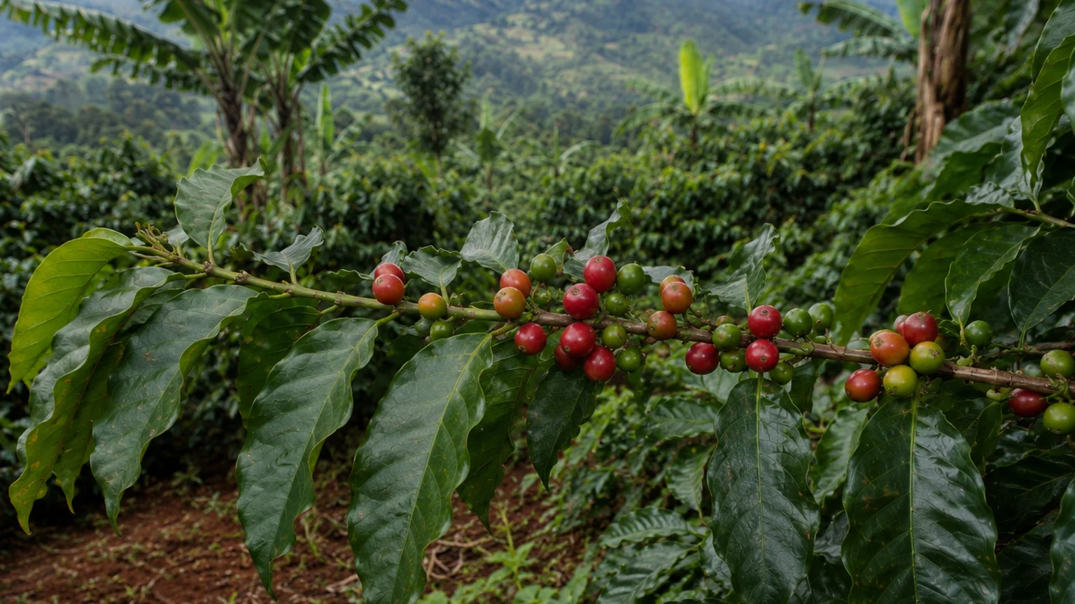 Coffee cherries growing on a rural Tanzanian highland farm